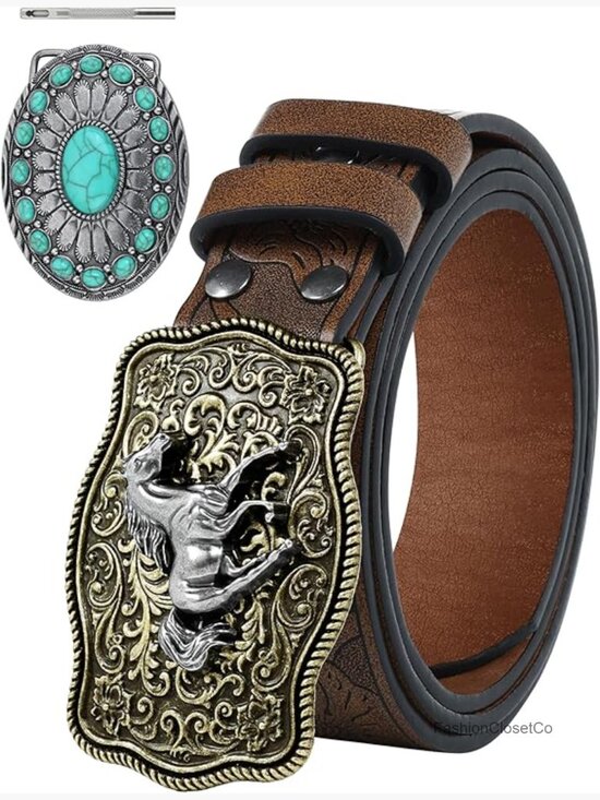 Western Cowboy Belt Set with Removable Mustang Turquoise Buckle PU Leather Strap